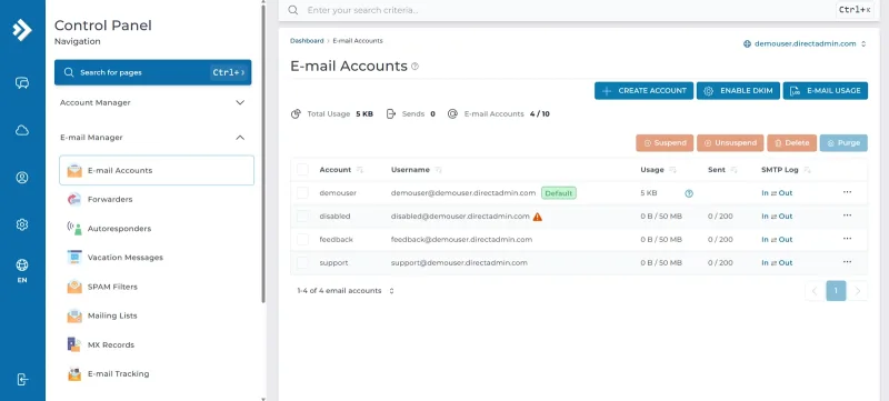 صفحهٔ E-mail Accounts در دایرکت ادمین