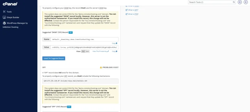 صفحهٔ Manage در Email Deliverability و رکورد پیشنهادی DKIM و SPF