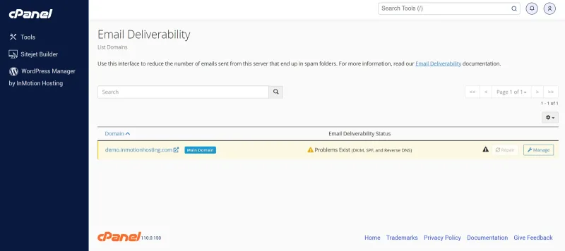 صفحهٔ Email Deliverability در cPanel با هشدار Problems Exist