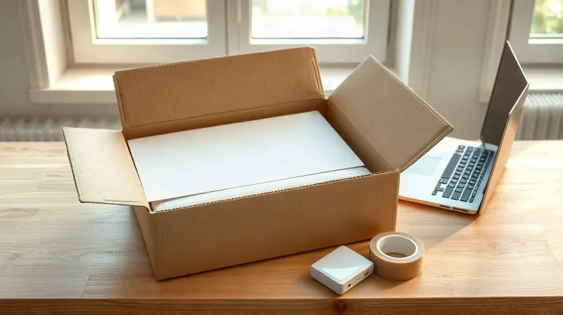 جعبه کارتن باز و هارد اکسترنال روی میز چوبی در یک اتاق روشن