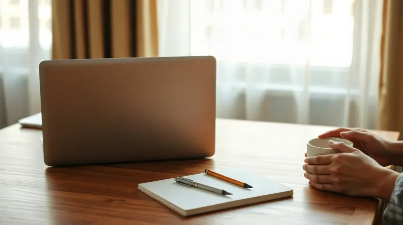 میز کار خالی با لپ تاپ بسته و دفتر یادداشت