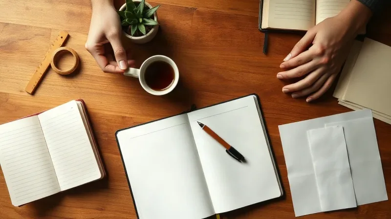 دفتر یادداشت باز با قلم و خط کش روی میز چوبی برای معیارهای تصمیم