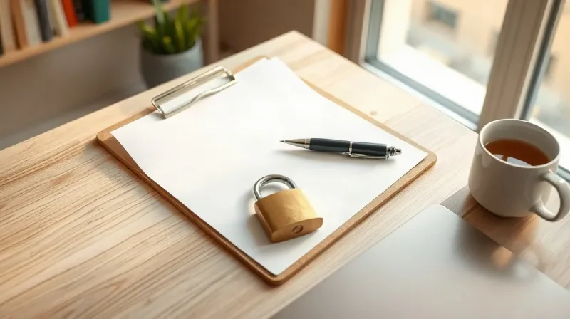 تختهٔ یادداشت با کاغذ سفید و قفل برنجی روی میز چوبی